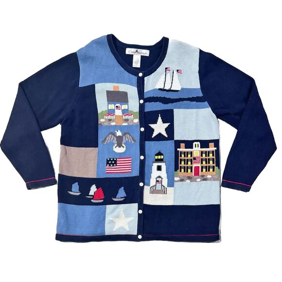 Claire Murray Womens‎ Cardigan Large Ramie Cotton Americana Lighthouses Sailboat - Picture 1 of 10